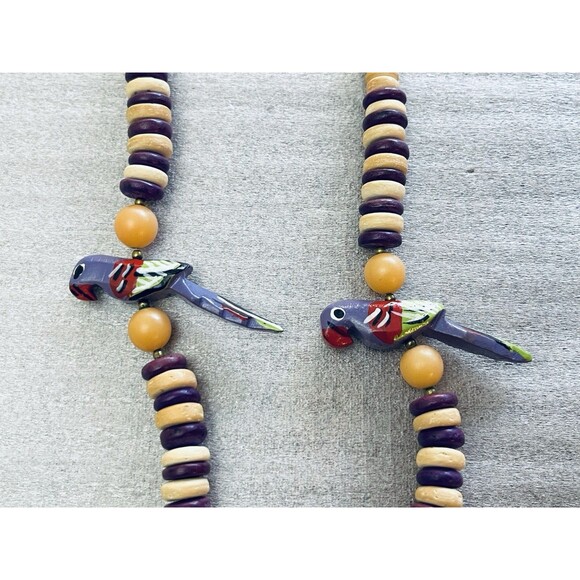 VTG '80s Boho Clay Disk Necklace 22" w/ Hand-Carved Parrot Beads & Brass Spacers - Picture 3 of 8